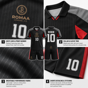 ชุดเสื้อและกางเกงฟุตบอลสีดำแดงสำหรับทุกเพศจาก ROMAA APPAREL CO. แบบซับลิเมชั่น 10 ชิ้น ระบายเหงื่อได้ดี ยืดได้สี่ทิศทาง เป็นมิตรต่อสิ่งแวดล้อม - Product Image 5