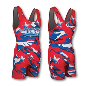 Combinaison de lutte camouflage pour femme, sans manches, en polyester, avec short de compression ajusté, imprimé par sublimation, vêtements de fitness - Product Image 1