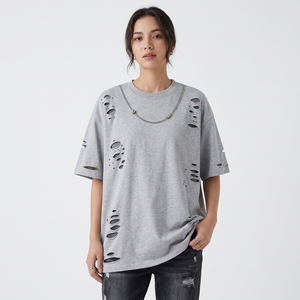 T-shirt Homme Oversize Effet Vieilli Personnalisé Streetwear Déchiré 100% Coton Tricoté Formel Manches Courtes Vente en Gros OEM ODM - Product Image 4