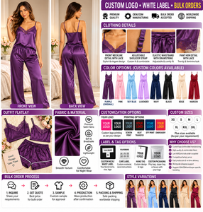 Ensemble de pyjama en satin violet pour femme avec bordure en dentelle – Haut de pyjama et pantalon large – Haut de pyjama et pantalon long – Ensemble de nuit 2 pièces - Product Image 2
