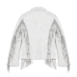 Chaqueta de Cuero Unisex Blanca con Flecos de Gamuza Auténtica, Estilo Vaquero Occidental, con Botones, Prenda Exterior Vintage de Moda, Logotipo Personalizado OEM - Product Image 2