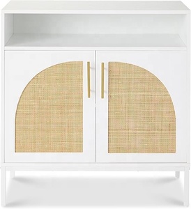 Wood and Rattan White Storage <b>Cabinet</b> with Golden Handles Modern Two Door Organizer for Living Room Bedroom and Office Decor - Product Image 1