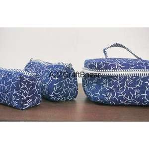 ชุดกระเป๋าเครื่องสำอางผ้าฝ้ายพิมพ์ลายบล็อก 3 ชิ้น ขนาดใหญ่ กันน้ำ ทนทาน ใช้ซ้ำได้ เหมาะสำหรับการเดินทาง - Product Image 3