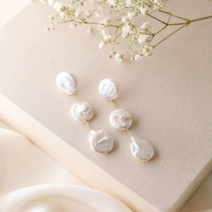 Boucles d'oreilles pendantes en perles baroques, perles Keshi triples irrégulières, bijoux de mariée élégants pour femmes, argent sterling - Product Image 1