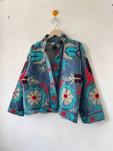 Handmade Indian Suzani Embroidery <b>Velvet</b> <b>Jacket</b> for <b>Women</b> Floral Embroidery Stripe Button Quilted <b>Jacket</b> At Wholesale Price - Product Image 6