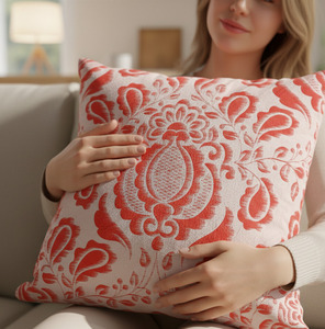 Traditional Damask and Floral <b>Print</b> Square <b>Cushion</b> Cover in Cream and Coral Red, Ready Stock Available18X18 - Product Image 1