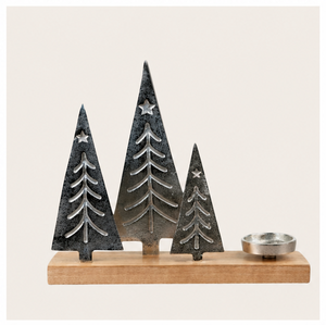 High-Quality Silver Metal Christmas Tree Candle Holder With Rustic Wooden Base Elegant Festive Tealight <b>Stand</b> For Home Decor - Product Image 1