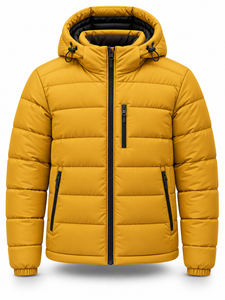 Men's Hooded <b>Puffer</b> <b>Jacket</b> Solid <b>Yellow</b> Polyester Wadding Waterproof Windproof Zipper Closure Casual Winter Custom Logo - Product Image 1