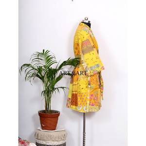 Vintage Silk/Cotton Patchwork Kantha Jacket Robe <b>Kimono</b> Handmade Block Print Summer Breathable Eco-Friendly Bridesmaid - Product Image 5