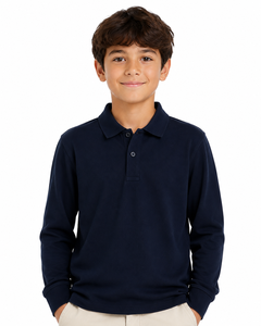 Polo pour enfants bleu marine à manches longues, haut décontracté de qualité supérieure en mélange de coton, design élégant à col, doux et confortable - Product Image 1