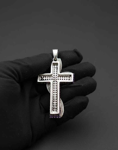 Colgante de Cruz con Zafiro Azul y Moissanita Redonda, Plata de Ley 925, Joyería Fina Religiosa, Colgantes y Dijes - Product Image 3