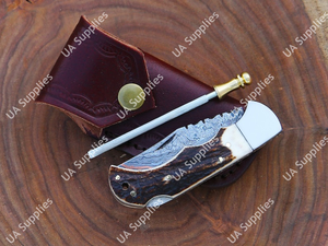 Couteau pliant professionnel Sanmai en acier Damas cuivré, manche en corne de cerf, ergonomique, léger, haute qualité, pour le camping et l'extérieur (EDC) - Product Image 3