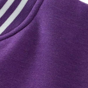 Custom Men's <b>Purple</b> <b>Varsity</b> <b>Jacket</b> Woolen Style White Sleeves Striped Trim Casual Autumn Wear OEM Wholesale Manufacturer - Product Image 4