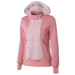 Sweat-shirt personnalisé pour femme en molleton de coton avec capuche en dentelle, panneau en dentelle florale grise et col cheminée boutonné, vente en gros OEM - Product Image 6
