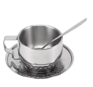 Taza de Café Portátil Ecológica de Acero Inoxidable de Doble Capa con Platillo y Cuchara, Diseño Minimalista, Juego de Té Duradero - Product Image 1