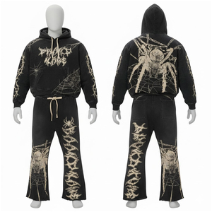 Gothic Spider Print <b>Tracksuit</b> Set Black Vintage Washed Hoodie Wide Leg Pants Streetwear Outfit - Product Image 5