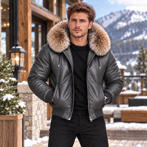 Men's Leather Fox <b>Fur</b> <b>Hood</b> Winter <b>Jacket</b> , Giacca Pelle Uomo | Chaqueta De Cuero | Veste Cuir Homme | Lederjacke Herren - Product Image 5