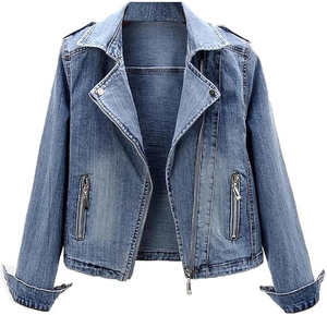 Women's <b>Denim</b> <b>Jacket</b> Light Wash Stonewashed Casual Zipper Front Regular Fit Autumn Style Solid Color Cotton Fabric - Product Image 4