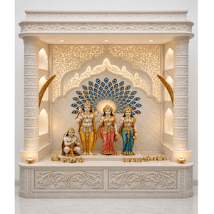 Modern Teak Wood Pooja Temple in White Finish Sri Ram Darbar Teak Wood <b>Mandir</b> Luxury Indian White Wooden <b>Mandir</b> for Home USA - Product Image 1