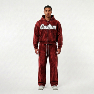 Conjunto de Sudadera con Capucha y Pantalones Deportivos para Hombre, con Logotipo Personalizado, Lavado Ácido Rojo, Diseño Gráfico, Estilo Vintage, Forro Polar Transpirable, Cierre de Cremallera - Product Image 4
