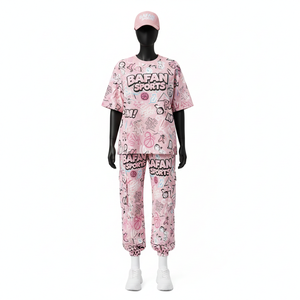 Ensemble deux pièces pour femmes, t-shirt en coton et polyester de haute qualité, 180 GSM, léger, imprimé graphique rose, logo personnalisé, ensembles pour femmes - Product Image 6