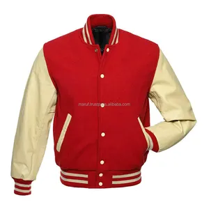 Chaqueta roja del equipo universitario, MSWVJ097 con mangas de cuero crema