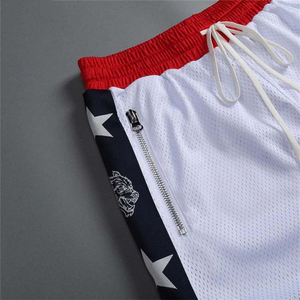Pantalones Cortos Deportivos a Rayas Blancas, Rojas y Azules para Hombre, Cintura con Cordón, Bolsillos con Cremallera, Transpirables, de Poliéster Tejido, de Longitud Media - Product Image 4