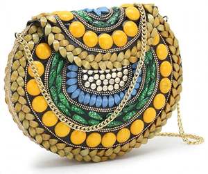 Pochette bandoulière bohème demi-lune en mosaïque, jaune moutarde, cabochon + feuille d'or antique + vert émeraude + bleu ciel + miroir argenté C - Product Image 4
