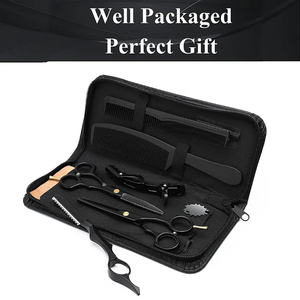 Kit de coiffure professionnel pour barbier, rasoir droit, ciseaux à effiler, ciseaux de coupe, peigne, ensemble en acier inoxydable noir. - Product Image 4