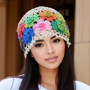 Gorro de Invierno para Mujer, Tejido a Mano, Estilo Floral de Peluche, 100% Algodón, Estampado con Flocado y Bordado - Product Image 3