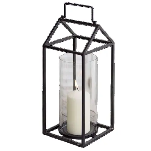 Lanterna di candela in metallo e vetro rivestita di polvere nera personalizzata produttore di decorazioni per la casa in metallo lanterna di candela