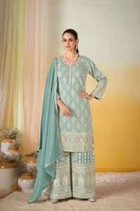 Traje Georgette con bordado completo, pantalón palazzo y dupatta, elegante ropa india femenina - Product Image 4