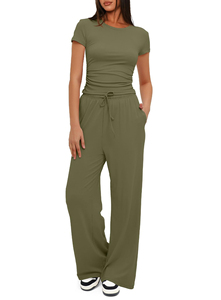 Ensemble décontracté 2 pièces pour femme : crop top uni à manches courtes et short en spandex respirant avec cordon de serrage, coupe ajustée, printemps/été - Product Image 4