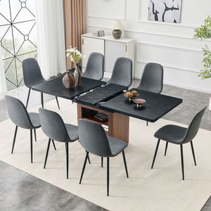 Set Moderno di Tavolo da Pranzo a L Espandibile e Sedie, Tavolo Estraibile 59-71 Pollici Abbinato a 8 Sedie in Lino e Cotone Grigio Scuro - Product Image 1