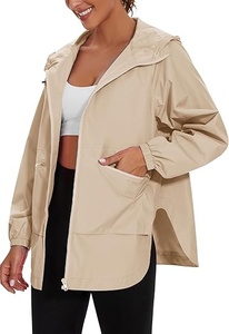 Veste coupe-vent à capuche pour femme, manches longues, fermeture éclair, imperméable, décontractée, couleur unie beige, longueur normale - Product Image 4