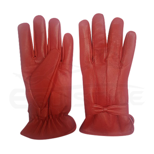 Gants en cuir pour femmes, en peau de mouton véritable rouge, avec poignets à nœud papillon, logo en relief, gants élégants pour femmes, mode hiver - Product Image 1