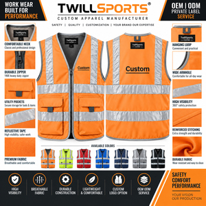 Chaleco de seguridad reflectante de alta visibilidad con logotipo personalizado, ropa de trabajo con bolsillos utilitarios para construcción, tráfico e industria. - Product Image 6