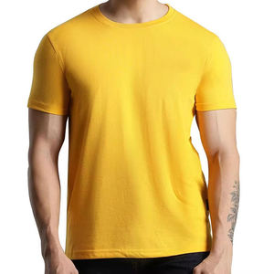 T-shirt pour homme à col rond et manches courtes, coupe ajustée, jaune uni, en coton, jersey décontracté, tricoté - Product Image 1