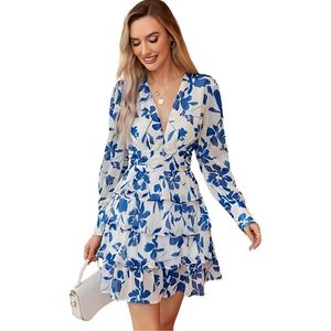 Minivestido de mujer con cuello en V, estampado floral, volantes, manga larga, corte en A, elegante, informal, para fiesta, ligero, en capas, para verano - Product Image 1