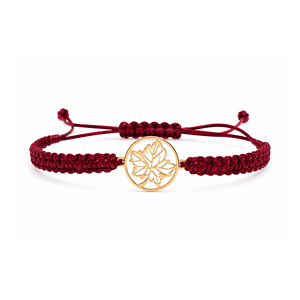 Bracelet en macramé bordeaux plaqué or rhodié 14 carats avec breloque feuille, cordon tressé réglable, design élégant, bijoux unisexe - Product Image 1
