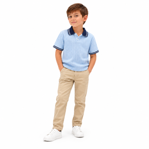 Kids Boys Light <b>Blue</b> <b>Polo</b> <b>Shirt</b> <b>Navy</b> Contrast Collar Striped Chest Pocket Short Sleeve Casual Cotton Summer Top - Product Image 1