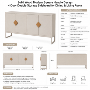 Solid Wood Modern Square Handle Design 4-Door Double Storage <b>Sideboard</b> for Dining & Living Room - Product Image 5
