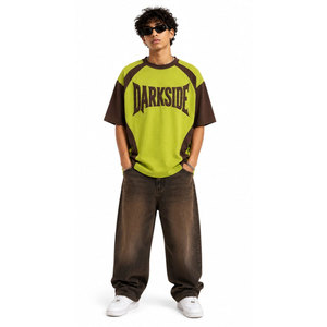 Darkside <b>Men's</b> Green Brown Raglan Sleeve Oversized T-<b>Shirt</b> O-Neck Printed Letter Design Street Style Knitted Embossed T-<b>Shirt</b> - Product Image 3