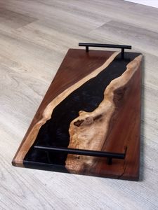 Luxury Blue Epoxy Resin River Serving Tray <b>Live</b> <b>Edge</b> Walnut Wood Platter with Handles Premium Handcrafted Resin Wood Hybrid - Product Image 4