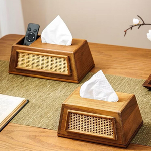 Boîte à mouchoirs artisanale en teck avec panneau en rotin pour salle de bain et décoration intérieure – Étui à serviettes en bois vintage unique pour grossistes - Product Image 1