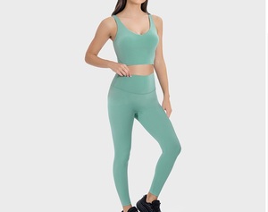 Women's Mint <b>Green</b> V-Neck Sporty Knitted <b>Tank</b> <b>Top</b> Set Breathable Spandex Polyester Leggings High Waist Full Length - Product Image 1