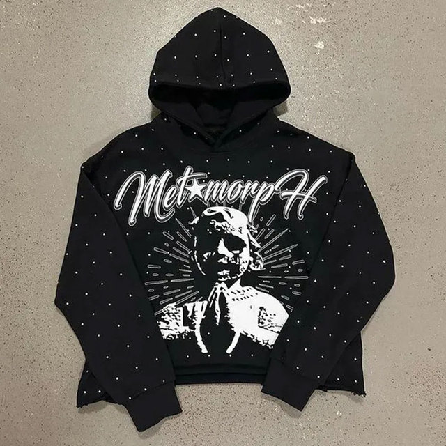 Hoodie Black Cotton Oversized Crop Fit Streetwear Printed Design Men's Knitted Sweatshirt Back Logo Autumn Wear