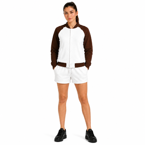 Women's Two Piece Shorts <b>Set</b> White Brown Raglan Sleeve Bomber Jacket Casual Winter Knitted Cotton High Street Reversible O-Neck - Product Image 1