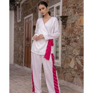 Women's Wels XS Size White Leheriya Stripe Woven <b>Cord</b> 2-Piece Long Sleeve Lounge Wear Soft - Product Image 1