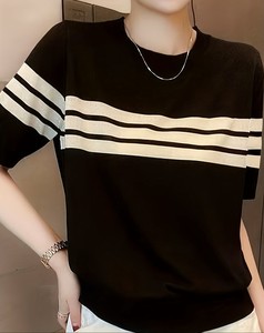 เสื้อยืดแขนสั้นคอกลมลายทางสีดำครีมสำหรับผู้หญิง ทรงปกติ ระบายอากาศได้ดี สไตล์ลำลองสำหรับฤดูใบไม้ผลิและฤดูร้อน - Product Image 3